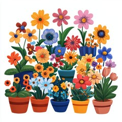 Vibrant collection of colorful flowers in pots, showcasing a variety of shapes and colors for a lively garden feel.