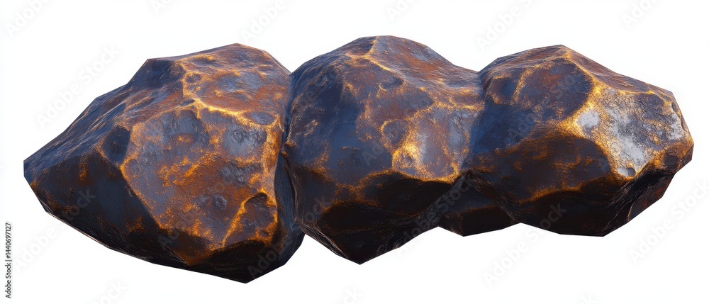 Poster three dimensional rendering of three connected rocks with a metallic texture on a white background c