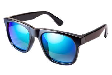 Stylish eyewear with vibrant blue lenses for sun protection on transparent background