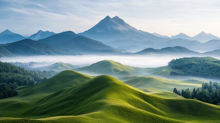 Fototapeta premium Majestic mountain range veiled in morning mist, rolling green hills