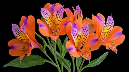 Obraz premium Vivid orange, purple and yellow flowers against a black backdrop, vibrant colors, floral