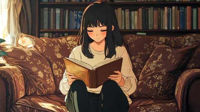 Serene Reader: A young person is seen immersed in a book, settled on a comfortable sofa in a cozy room, possibly a library, bathed in soft, warm light from an unseen source.