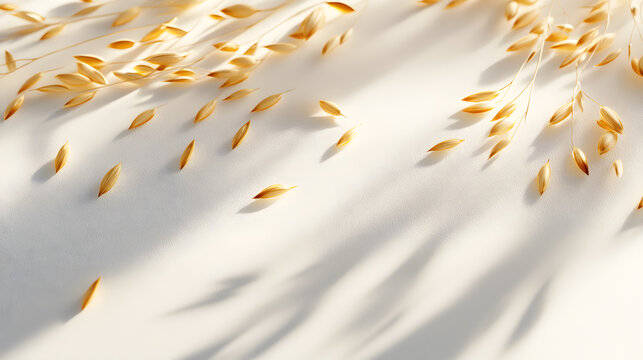 A scattering of whole barley grains in golden and beige tones on a smooth white surface, emphasizing their natural shape and texture.