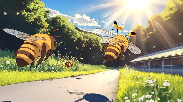 Buzzing Serenity: Two animated honeybees gracefully navigate a sun-drenched path, accompanied by a cloud of smaller bees, creating a vivid scene of spring vitality and natural beauty.