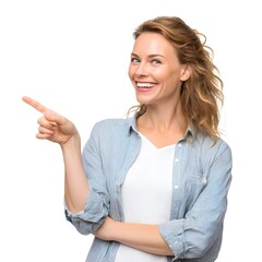Smiling woman in a striped shirt pointing to the left with a cheerful expression on a white background