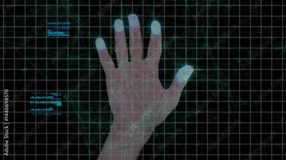 Poster palm scanning being animated in 3d render interface, with glowing grid, network lines and code