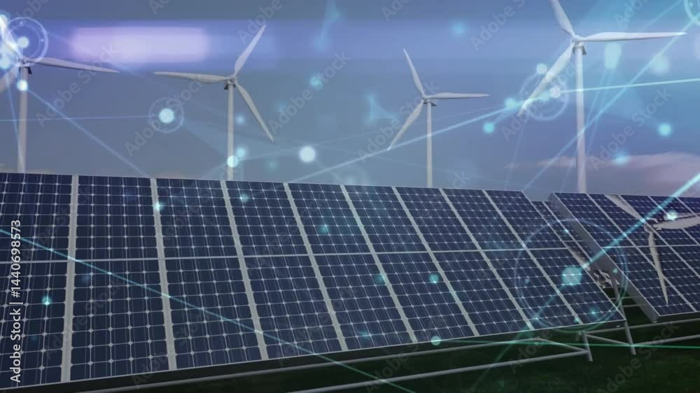 Poster solar panel array being visualized in scene, with wind turbines and smart grid overlay