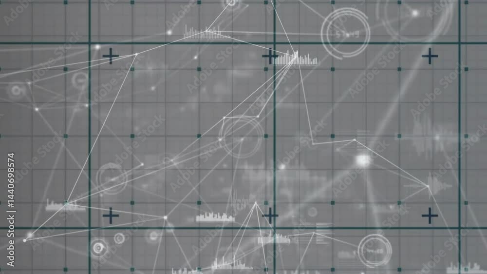 Aufkleber glowing network nodes and connecting lines flowing across interface, displaying floating bar charts