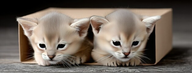 Two adorable Abyssinian kittens in a cardboard box with soft lighting and an out-of-focus background capturing their cute expressions and playful poses