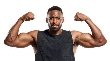 Muscular man flexing biceps in a tank top against a white background showing off his physique strength