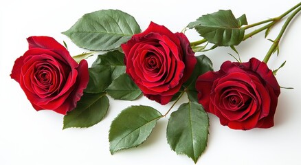 Fototapeta premium Three Beautiful Red Roses with Lush Green Leaves on a White Background for Celebrations, Decorations, and Natural Beauty Themes in Photography Projects