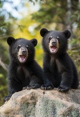 Two playful black bear cubs sitting on a rocky surface in a forest setting, showcasing their joyful expressions and youthful energy in nature.