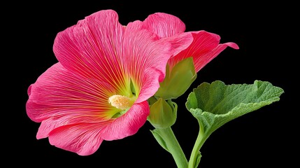 Fototapeta premium Vivid pink flower against a stark black background, showing petals and leaves in detail