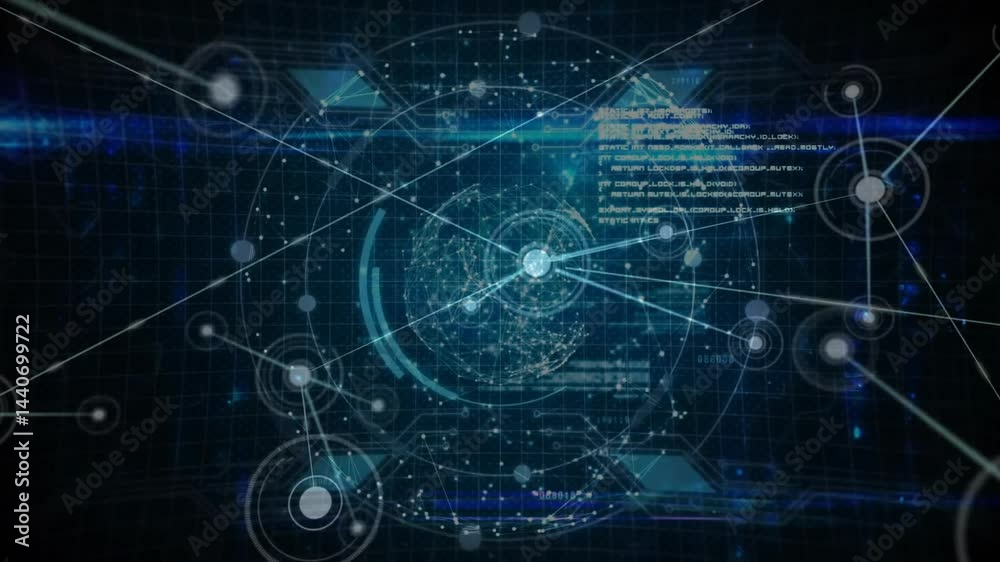 Poster futuristic digital interface displaying 3d globe rotating, glowing nodes connecting data links