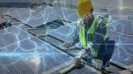 Male technician fastening solar panel frame on rooftop, showing digital wave overlay for technology - Powered by Adobe