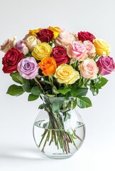 Fototapeta premium Vibrant Bouquet of Multicolored Roses in Clear Glass Vase Perfect for Celebrations, Events, or Home Décor with Lush Green Leaves Adding Elegance