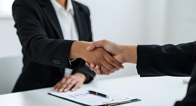 A close-up shot focusing on the hands of a diverse businesswoman and a diverse client or colleague engaged in a firm, professional handshake. Their hands are positioned centrally and clearly show the 