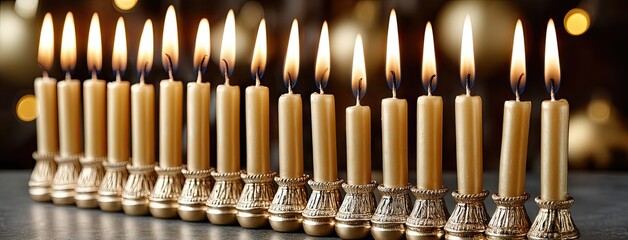 Colorful candles illuminate a joyful celebration during the Jewish holiday with bokeh lights and ample space for festive messages
