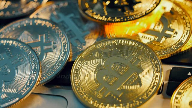 Golden and silver BTC bitcoins are on a laptop keyboard.