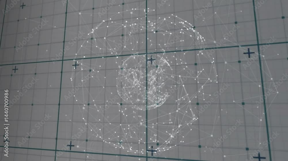 Poster 3d wireframe sphere floating over muted grid plane, connecting white nodes with thin lines