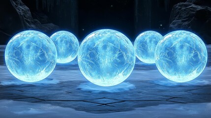 Fototapeta premium A collection of glowing blue spheres with mystical patterns, showcasing vibrant energy and a futuristic feel.