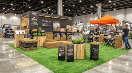 Modern exhibition booth showcasing outdoor grills and accessories at a trade show event