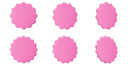 Set pink stickers, badge mockup. Blank labels of circle shapes with wavy edge. Vector illustration isolated on white. Copy space. Patches for preview tags, labels, design, presentation, adv