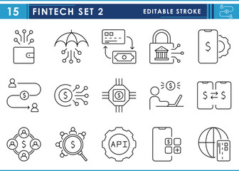 Fototapeta premium A set of line icons related to Fintech. Technology, finance, money, transfer, digital, wallet, and so on. Vector editable stroke.