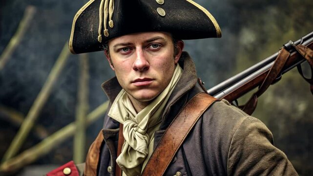 An American Revolutionary soldier loading his musket in a wooded area during the late 18th century, preparing for a pivotal battle in the fight for independence
