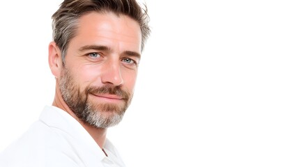 Fototapeta premium Close up portrait of a man with graying hair and beard against a white background looking at the viewer