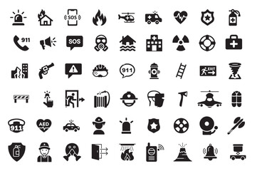 Emergency and safety icon set. Vector glyph pictograms of ambulance, fire, police, SOS, evacuation, natural disaster response, medical aid, law enforcement, black silhouette illustration. 