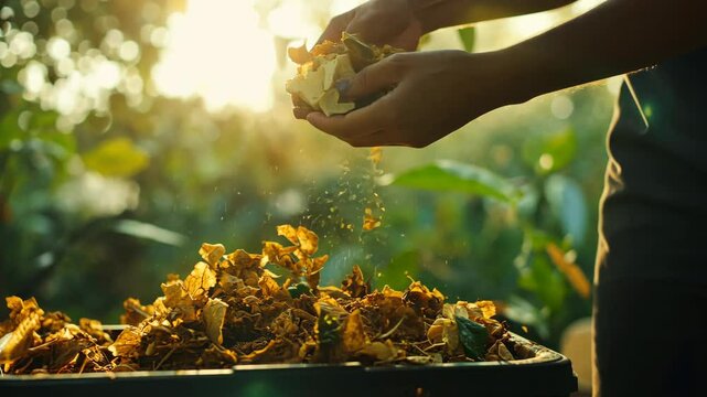 Hands adding compost to garden bin in sunlit environment