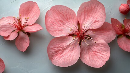 Delicate pink blossoms arranged on a light gray surface.