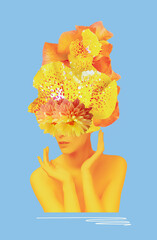 Abstract contemporary art collage portrait of young woman with flowers on face hides her eyes