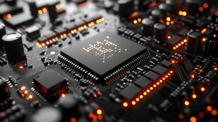 Obraz premium Close-up of a computer chip on a circuit board with orange glowing lights.