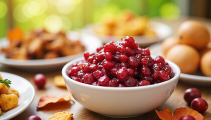 Thanksgiving cranberry sauce dish on a rustic table setting  