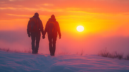 Silhouettes of mentor and mentee walking at sunrise, symbolizing guidance and personal growth