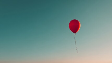 Solitary red balloon floating in clear blue sky at sunset
