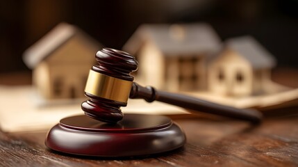 Auction of Dreams: A gavel rests atop a wooden block, symbolizing the pivotal moment in a property auction, with blurred miniature homes in the background, highlighting the concept of bidding.