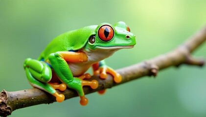 Naklejka premium Green tree frog perched on white, vibrant color , white, fauna, reptile