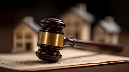 Obraz premium Judge's Gavel and House Models: A judge's gavel rests on legal documents, with miniature house models in the soft-focus background, symbolizing real estate law or property disputes.