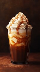 Creamy caramel coffee drink topped with whipped cream and drizzled caramel in a glass cup