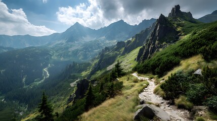 Fototapeta premium A mountain trail winding through a lush green landscape under a cloudy sky with distant peaks visible