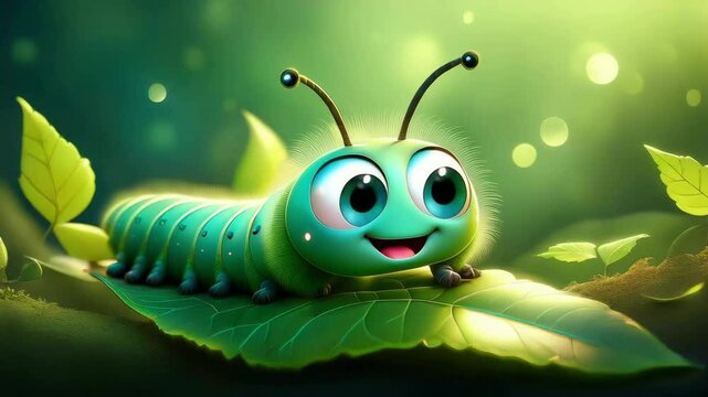 Cute Cartoon Caterpillar Bug Talking on a Green Leaf