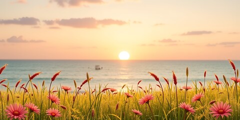 A scenic view of a field of flowers with the ocean and sunset in the background view
