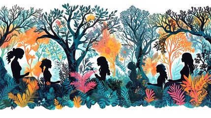 Colorful silhouettes of women in a lush forest scene.