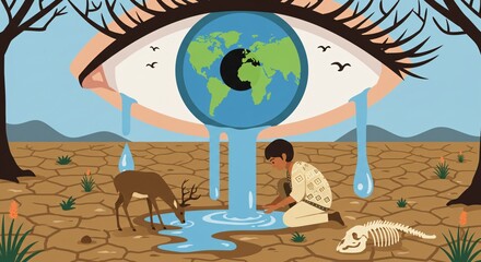 This image depicts a crying eye with the Earth as the iris, shedding tears onto dry, cracked land where a person and deer seek water. 