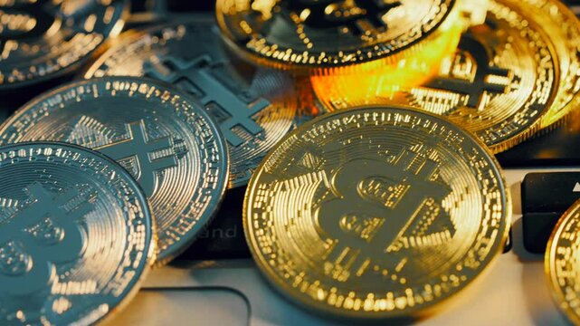 Golden and silver BTC bitcoins are on a laptop keyboard.
