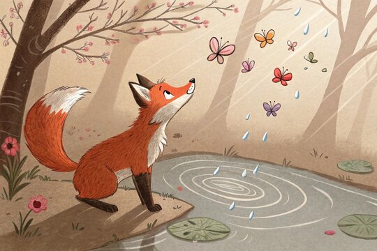 whimsical 3D mixed media embossed illustration of a a cute red fox standing in a puddel, his reflection glistening as raindrops create ripples-generated by ai
