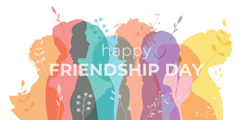 friendship day greeting card with people. Vector image of friends of different ages and nationalities